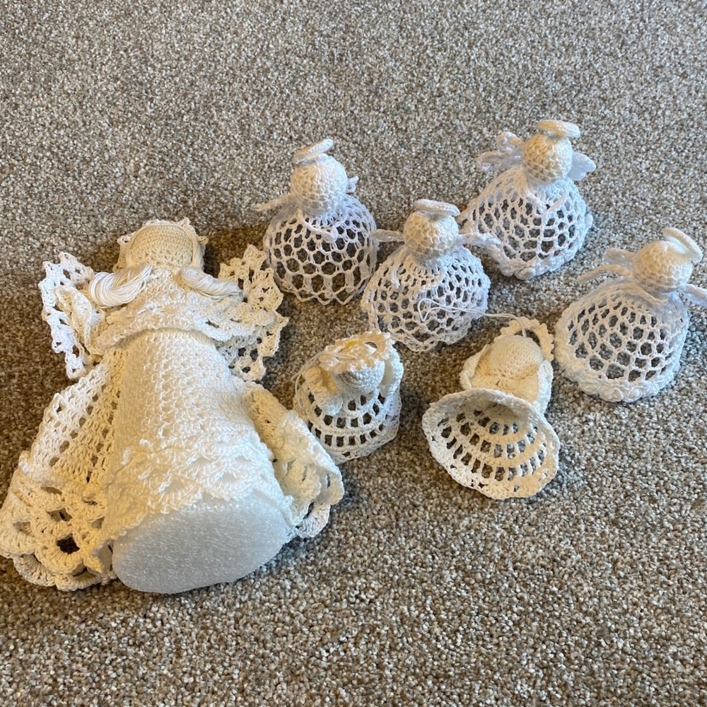 Vintage Handmade White Crochet Angel Christmas Tree Topper and Ornaments Set 7pc